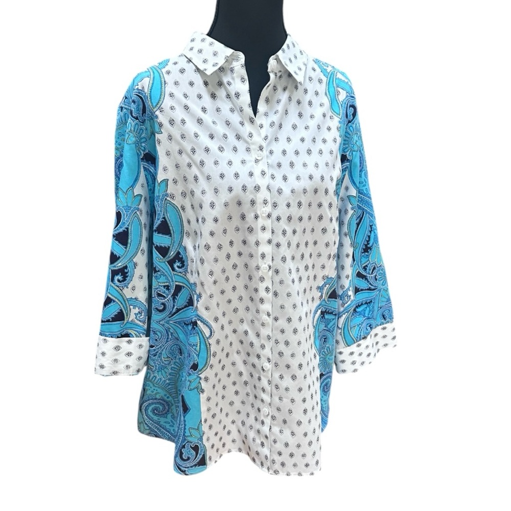 Chico’s Blouse Top “No Iron Paisley Mirror Shirt” Size 3 (16/18 XL) EUC